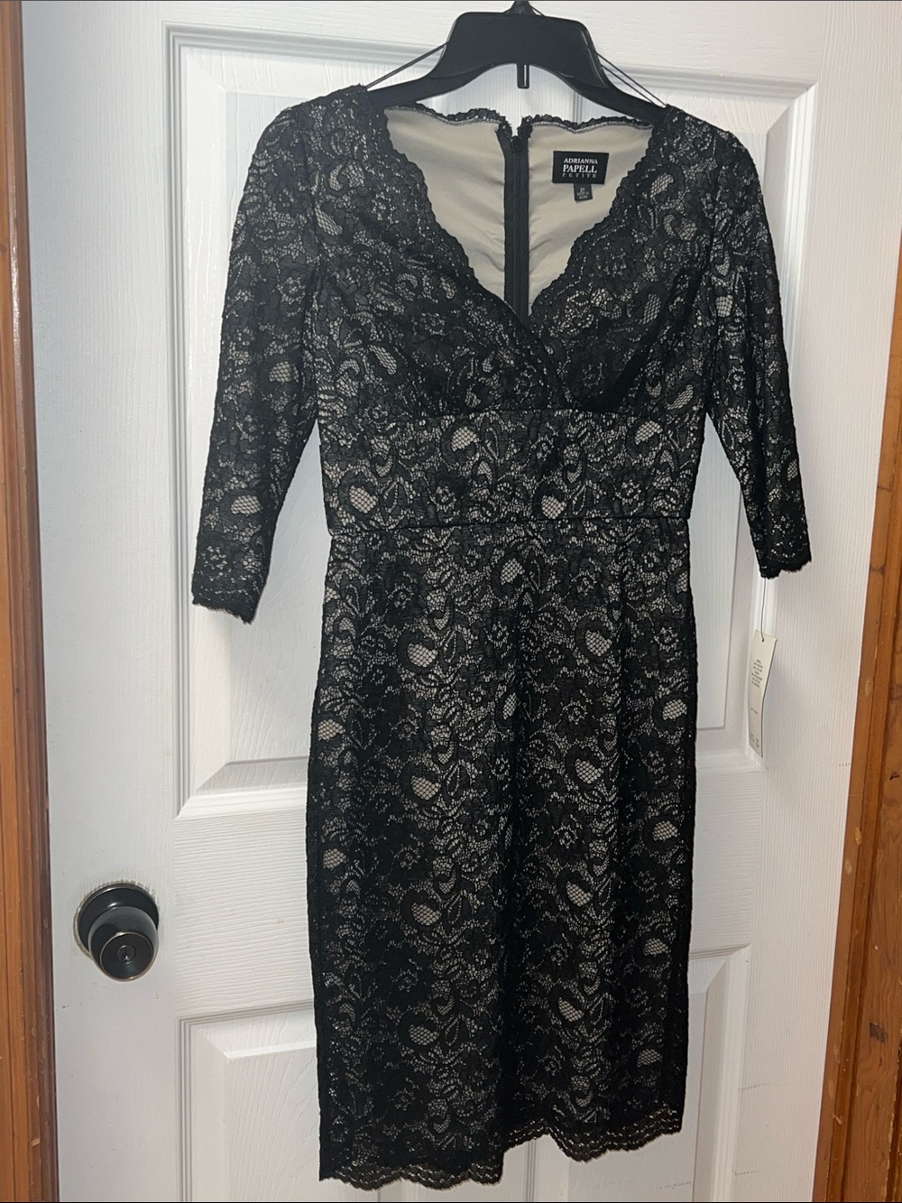 Adrianna Papell petite Black Lace V-Neck Sheath Dress with Three-Quarter Sleeves